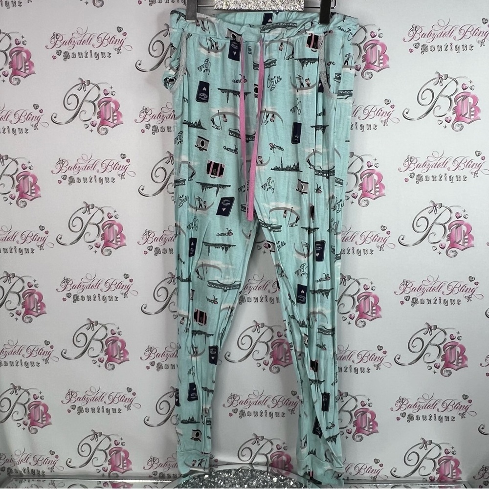 Layla pants joggers Italy cameras boat Pajamas luggage passport Print Blue